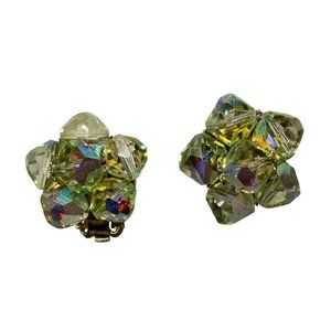 Vintage Gorgeous Lime Green Hand Made Wire Beaded Clip on Earrings signed Japan